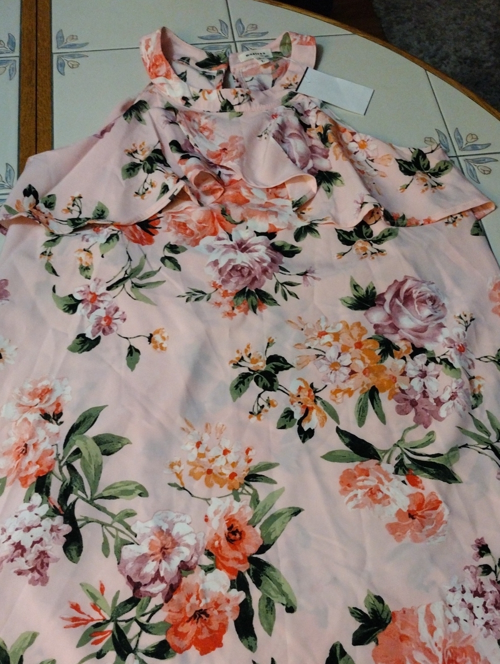 Monteau Pink Floral Cold-Shoulder Ruffle Blouse